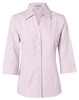 A lilac button-up shirt featuring a collar and 3/4 sleeves, with a logo on the label.
