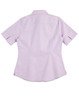 A short-sleeved, button-up women's shirt in light purple with a fitted back design and a logo on the fabric.