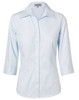 A light blue women's self stripe 3/4 sleeve button-up shirt with a collar, featuring a logo on the label.