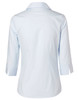 A light blue women's self-stripe button-up shirt with 3/4 sleeves, featuring a back view and a collar.