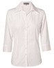 A white women's self-stripe 3/4 sleeve button-up shirt with a collared neckline and a logo.