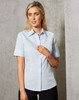 A light blue women's short-sleeve button-up shirt with a self-stripe pattern, featuring a classic collar and a sleek fit.