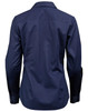 A navy long-sleeve women's button-up shirt featuring a dobby striped design and a logo on the back.