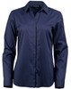 A navy blue button-up shirt with a collar, featuring long sleeves and a sleek, smooth fabric. It has a logo detail.