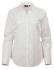 A white button-up shirt with long sleeves and a collar, featuring a logo on the neckline.