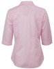 A pink women's button-up shirt with 3/4 sleeves and a fitted design, featuring a logo on the back.