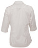A white, button-up shirt with 3/4 sleeves and a fitted design, featuring a back view and branding on the collar.