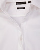 A white, semi-fitted button-up shirt with a dobby striped texture, featuring a collar and button placket. It has a logo.