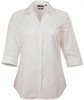A white button-up shirt with a collar and 3/4 sleeves, featuring a subtle texture and logo.