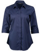 A navy blue button-up shirt with 3/4 sleeves and a modern fit, featuring a logo on the collar.