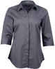 A grey ladies' button-up shirt with a striped pattern and 3/4 sleeves. Features a branded label.