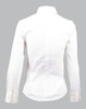 A white women's long sleeve button-up shirt featuring a tuck front design and a collar. The back view is displayed.