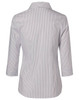 A women's button-up shirt featuring a ticking stripe pattern in grey and white, with 3/4 sleeves and a classic collar.