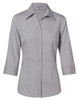 A grey and white striped women's button-up shirt with 3/4 sleeves and a collar. Features a logo.