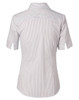 A women's short-sleeve button-up shirt in a ticking stripe pattern, featuring light grey and white colours.