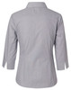 A grey women's button-up shirt featuring fine stripes and 3/4 sleeves, with a logo on the back.