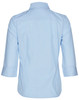 A light blue women's pin stripe button-up shirt with 3/4 sleeves and a back view. It has a collar and features a logo.