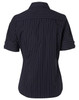 A navy women's pin stripe short sleeve button-up shirt with rolled cuffs. The back design features subtle pinstripes and a collar.