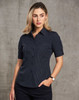 A women's short sleeve shirt in navy with a pin stripe pattern, featuring a button-up design and a logo.