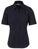 A black women's short sleeve button-up shirt featuring a pinstripe pattern and a chest pocket.