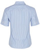A short sleeve button-up shirt in blue and white stripes, featuring a back view and rolled sleeves. Includes a logo.