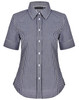 A button-up shirt featuring a black and white gingham check pattern and short sleeves. It has a collar and a logo.