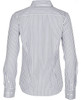 A back view of a women's long-sleeve button-up shirt featuring a blue and white sateen stripe pattern.