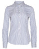 A button-up shirt featuring blue and white sateen stripes with a collared neckline and long sleeves. It has a logo on the label.