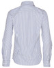 A button-up shirt with long sleeves featuring blue and white sateen stripes and a logo on the back.