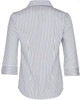 A white and navy striped women's 3/4 sleeve button-up shirt with a collar. Features a logo on the label.