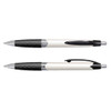 A plastic pen featuring a black and cream design, with a grip section and a click mechanism. It has a logo.