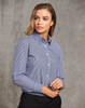 A ladies' long-sleeve button-up shirt in navy and white check pattern, featuring a collar and logo branding.