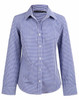 A blue and white two-tone check long-sleeve button-up shirt with a collar and a logo on the label.