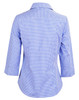A blue and white check 3/4 sleeve button-up shirt with a stylish back design. Features a logo on the fabric.