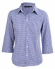 A blue and white check 3/4 sleeve button-up shirt featuring an embroidered logo on the collar.