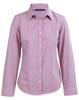 A two-tone mini check women's button-up shirt in red and white, featuring long sleeves and a classic collar.