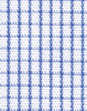 A close-up of a blue and white mini check pattern fabric used in a women's button-up shirt.