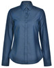 A long-sleeved, button-up shirt in dark blue with a pin dot pattern and a collar. It features a logo on the label.