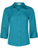 A turquoise women's 3/4 sleeve shirt with a button-up front and a collared neckline, featuring a logo.
