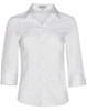 A white women's Cooldry 3/4 sleeve shirt with a collar and buttons, featuring a logo.