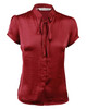 Red satin blouse with short sleeves and a tie neck detail, featuring a button-down front and a logo at the collar.