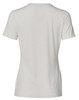A light grey ladies' V-neck short sleeve knit top with a smooth finish and a logo on the back.