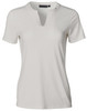 A ladies' V-neck short sleeve knit top in a soft off-white colour, featuring a tab detail at the neckline and a logo.