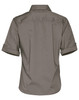 A women's short sleeve military shirt in olive green with rolled-up sleeves and a back view. Features a logo.
