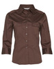 A brown women's 3/4 sleeve military shirt featuring a collared neckline and button detailing. It has a logo on the shirt.