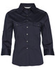 A navy women's 3/4 sleeve military shirt features buttoned pockets and a collared neckline. It has a logo on the label.