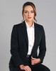 A tailored black cropped jacket with one button, featuring a fitted silhouette and formal style.