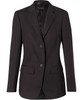 A black mid-length women's jacket with two buttons and a tailored design, featuring pockets and a single vent.