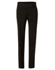 Women's low rise pants in black wool stretch featured in a sleek, tailored design. The pants have a branding logo.