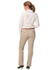 Women's chino pants in beige, featuring a straight leg design and pockets, paired with a white shirt.